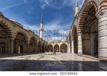 Edirne, Turkey - May 26, 2018:  Uc Serefeli Mosque Mosque In The Center Of City Of Edirne,  East Thr