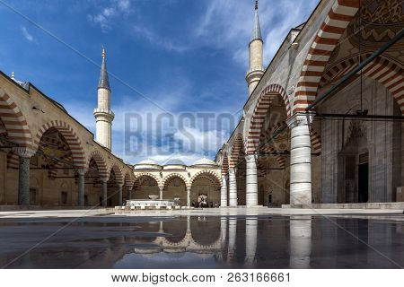 Edirne, Turkey - May 26, 2018:  Uc Serefeli Mosque Mosque In The Center Of City Of Edirne,  East Thr