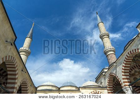 Edirne, Turkey - May 26, 2018:  Uc Serefeli Mosque Mosque In The Center Of City Of Edirne,  East Thr