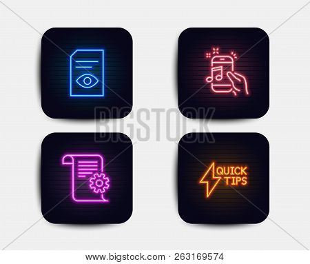 Neon Glow Lights. Set Of Technical Documentation, Music Phone And View Document Icons. Quickstart Gu