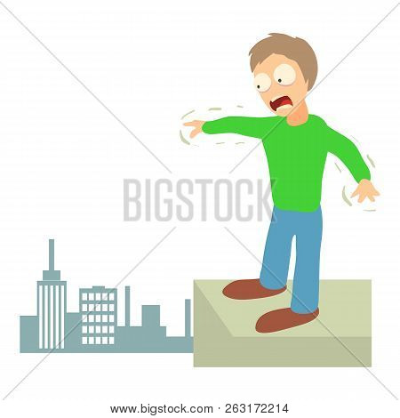 Acrophobia Concept. Cartoon Illustration Of A Man Suffering From The Fear Of Of Heights