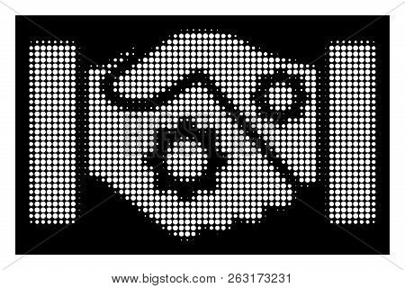 Halftone Dotted Smart Contract Handshake Icon. White Pictogram With Dotted Geometric Pattern On A Bl