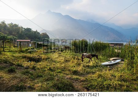 Horse And A Canoe On A Meadow Along Lago Atitlan With Mountainrange And Backlight, San Juan La Lagun