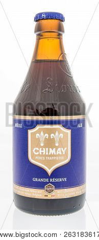 Winneconne, Wi - 7 October 2018: A Single Bottle Of Chimay Grand Reserve Beer On An Isolated Backgro