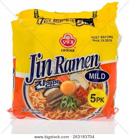 Winneconne, Wi - 7 October 2018: A Package Of Ottogi Jin Ramen Noodles On An Isolated Background