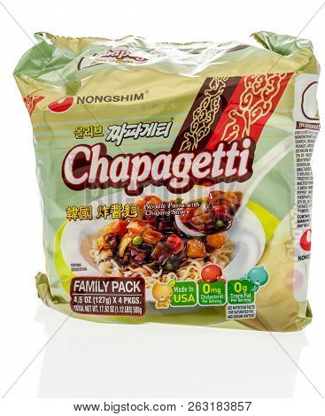 Winneconne, Wi - 7 October 2018: A Package Of Nongshim Chapagetti Noodles On An Isolated Background