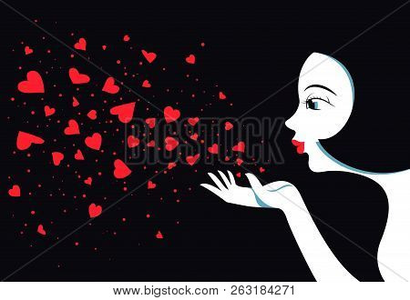 Cute Girl Blows With Hands Hearts. Air Kiss. Illustration For Romantic Greeting Cards And Messages
