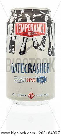 Winneconne, Wi - 7 October 2018: A Single Can  Of Temperance Gatecrasher Ipa Beer On An Isolated Bac