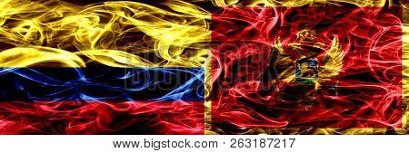 Colombia Vs Montenegro, Montenegrin Smoke Flags Placed Side By Side. Thick Colored Silky Smoke Flags