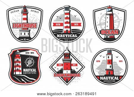 Nautical Vector Icons With Lighthouses Snd Beacons. Vector Beacons And Ship Or Compass Silhouettes, 