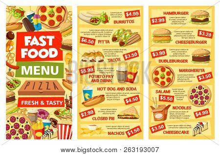 Fast Food Menu Templates Vector. Burritos And Pitta, Tacos, Potato Fry And Drink, Hot Dog And Soda, 