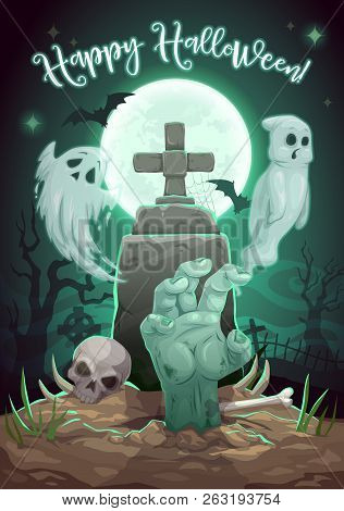 Halloween Horror Night Cemetery With Tombstone And Monsters. Vector Halloween Trick Or Treat Holiday