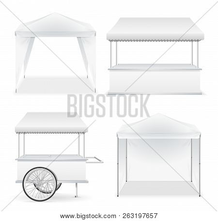 Realistic Detailed 3d White Blank Market Stall Template Mockup Set. Vector