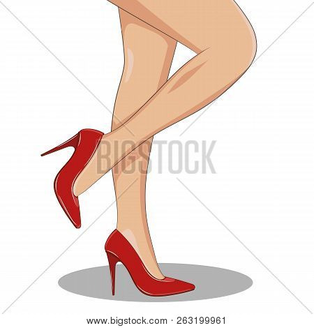 Slender Female Legs With Red Fashionable Shoes On, Side View, Standing. High Spike Heels, Pointed To