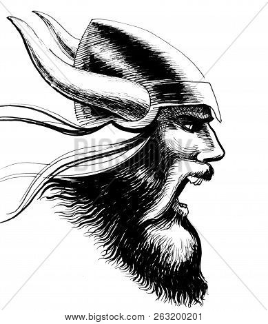 Furious Viking In Horned Helemet. Ink Black And White Illustration