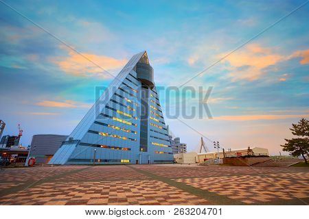 Aomori, Japan - April 23 2018: Aspam Is A Triangle-shaped Building After The Image Of The Letter “a”