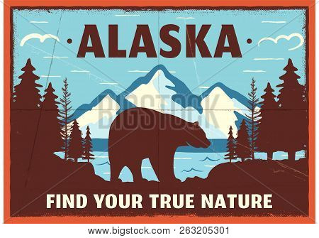 Alaska Poster Design. Mountain Adventure Patch. American Travel Logo. Cute Retro Style Label, Brochu