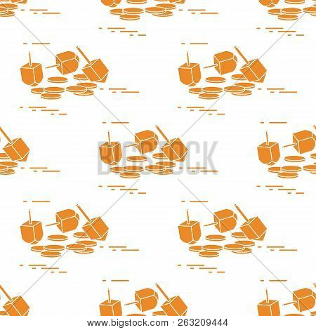 Seamless Pattern With Dreidel, Sevivon, Coins. Jewish Holiday Hanukkah. Child Game.