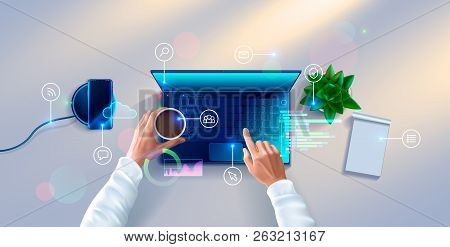 Hands Of Developer Working On Keyboard Of Laptop On White Desk. Top View. Workplace Of Programmer Wi