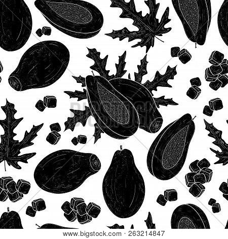 Papaya. Tropical Fruit. Fruit, Leaf, Morsel. Wallpaper. Texture, Seamless. Black Silhouette On White
