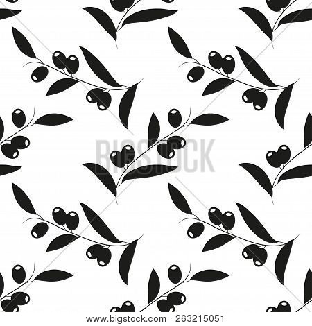 Olive. Plant. Branch, Leaves, Fruit. Black Silhouette On White Background. Texture, Seamless.