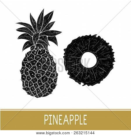 Pineapple. Tropical Fruit. Whole Fruit, Leaves, Slice. Black Silhouette On White Background. Set.