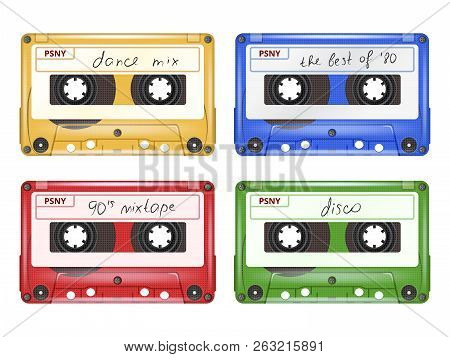 Colored Audio Cassette. Mixtape Retro Pop Rock Music Equipment Vector Set Of Realistic Pictures Isol
