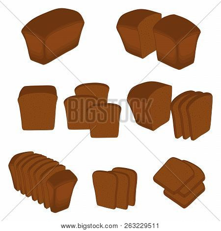Vector Illustration Of Set Of Baked Bread, Dark Rye Brick, Soft Baguette For Bakery. Bread Consistin