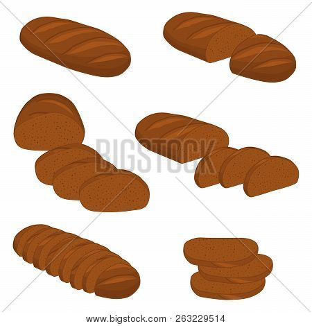 Vector Illustration Of Set Of Baked Bread, Dark Rye Brick, Soft Baguette For Bakery. Bread Consistin