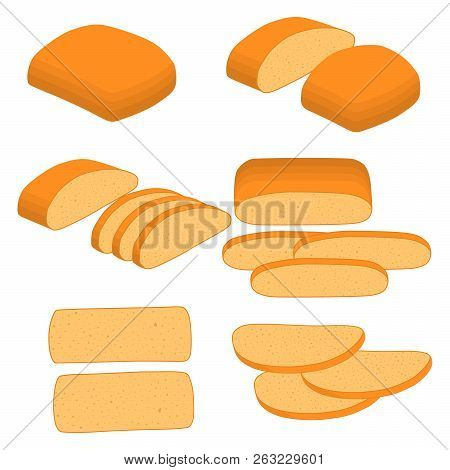 Vector Illustration Of Set Of Baked Bread, Dark Rye Brick, Soft Baguette For Bakery. Bread Consistin
