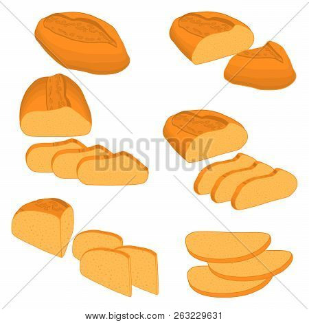 Vector Illustration Of Set Of Baked Bread, Dark Rye Brick, Soft Baguette For Bakery. Bread Consistin