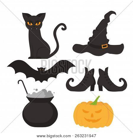 Halloween Flat Elements Greeting Card. Scary Cat, Hat, Witch Pot, Broom, Bat And Shoes Silhouette. P