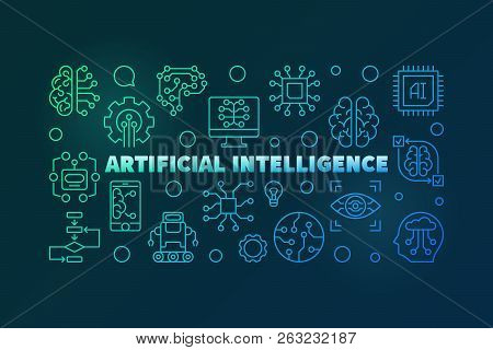 Artificial Intelligence Colorful Horizontal Outline Illustration. Ai Technology Vector Banner In Lin