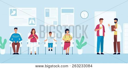 Smiling People Sitting In Chairs And Waiting For Doctors Appointment Time At Hospital. Men And Women
