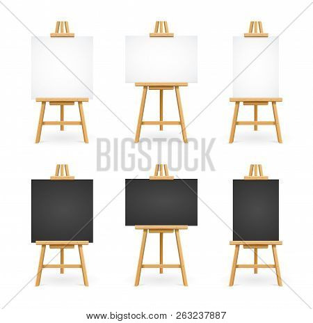 Realistic Detailed 3d White And Black Blank Easel Template Mockup Set. Vector