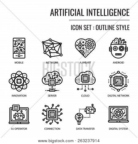 Artificial Intelligence, Pixel Perfect Outline Icon, Isolated On White Background
