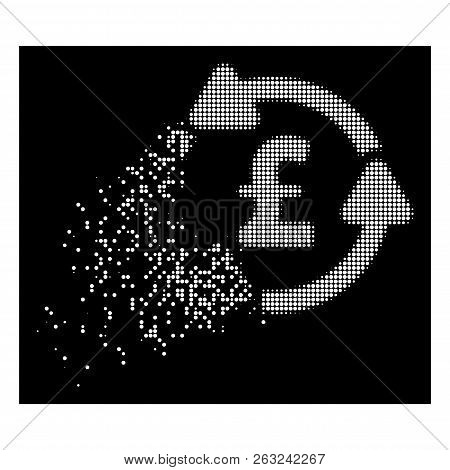 Pound Circulation Icon With Dispersed Effect On Black Background. White Circle Dots Are Arranged Int