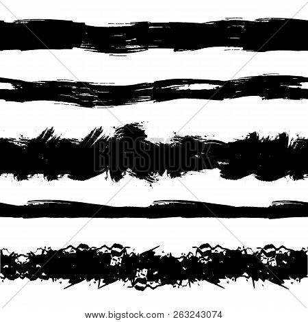 Vector Set Of Seamless Painr Drawn Stipes, Brush Strokes, Black Ink Splatters On White Background.
