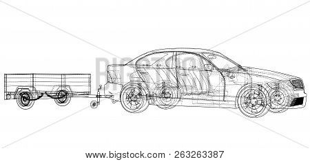 Sedan With Open Trailer Sketch. Vector Rendering Of 3d. Wire-frame Style. The Layers Of Visible And 
