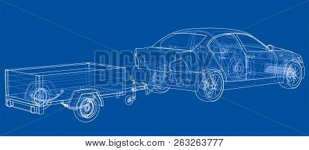 Sedan With Open Trailer Sketch. Vector Rendering Of 3d. Wire-frame Style. The Layers Of Visible And 
