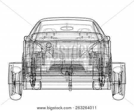 Sedan With Open Trailer Sketch. Vector Rendering Of 3d. Wire-frame Style. The Layers Of Visible And 