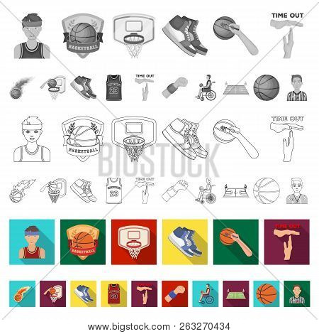 Basketball And Attributes Flat Icons In Set Collection For Design.basketball Player And Equipment Ve