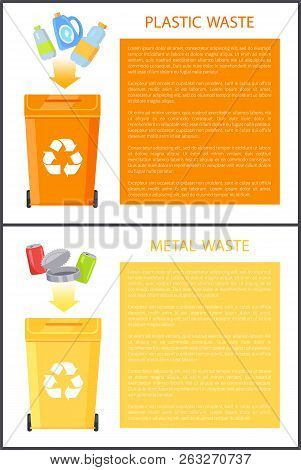 Plastic And Metal Waste Posters Collection, Bins With Recycle Sign, Aluminum Items Cans, Bottles Col