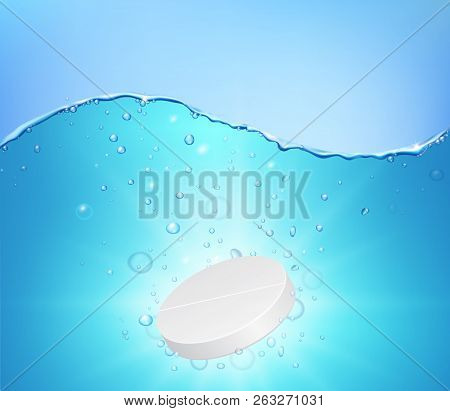 Effervescent Soluble Tablet Falling Down Under The Water With Bubbles