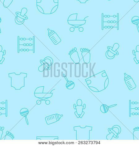 Vector Blue Seamless Pattern Of Baby Stuff. Baby Objects Seamles