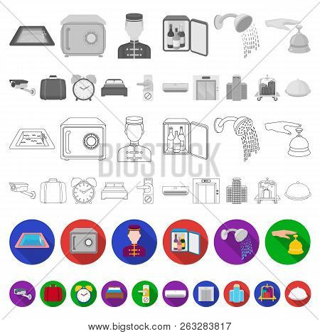 Hotel And Equipment Flat Icons In Set Collection For Design. Hotel And Comfort Vector Symbol Stock W