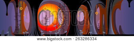 Illustration Of Strange Stylized Cave With Semi Circular Columns, Stick Trees, Lights And Grasses. H