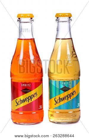 Novyy Urengoy, Russia - October 14, 2018: Glass Bottles The Schweppes Spritz Jazzy Ginger And Schwep