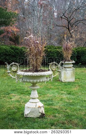 Antique Steel Planters In Historic Smithville  Village In Burlington County New Jersey.