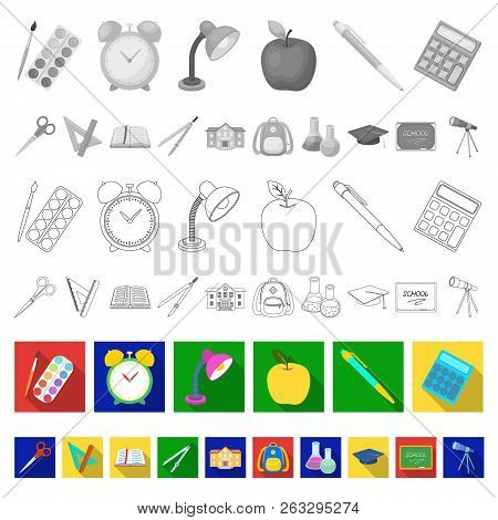 School And Education Flat Icons In Set Collection For Design.college, Equipment And Accessories Vect